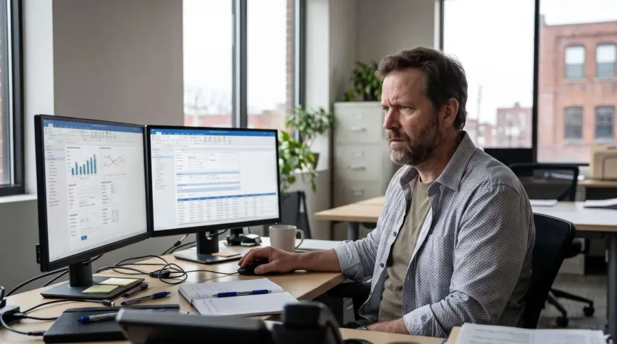 Illustrative office scene showing a person working between computer screens Illustrative office scene showing a person working between computer screens