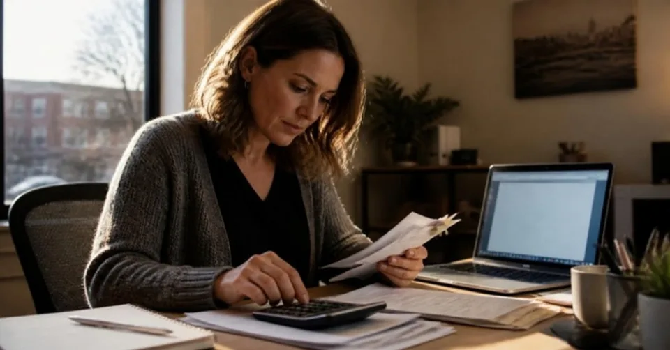 An office manager reviewing an AI-drafted document on one monitor and a list of monthly software subscriptions on another An office manager reviewing an AI-drafted document on one monitor and a list of monthly software subscriptions on another